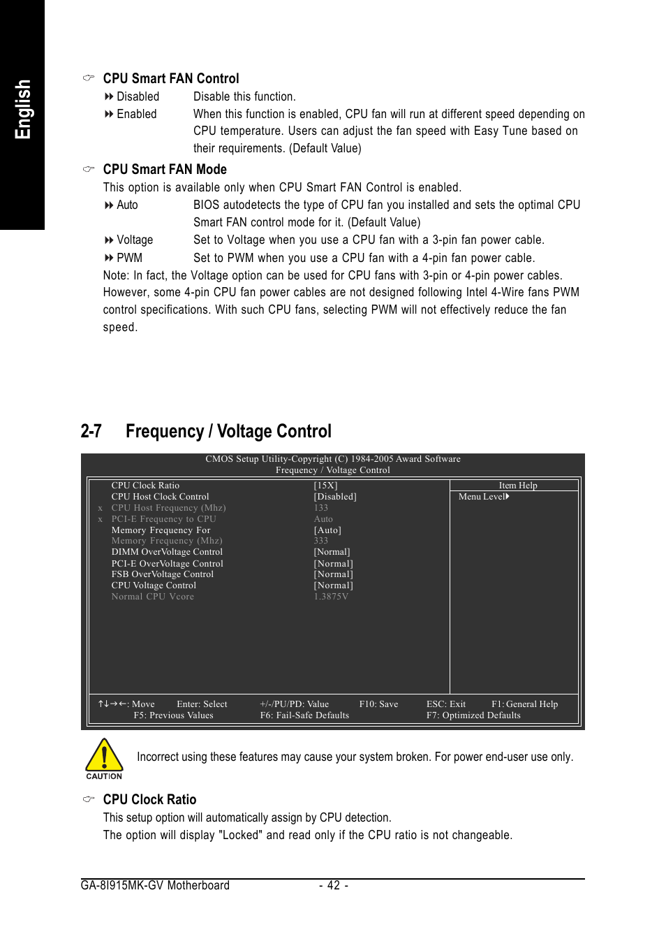 English, 7 frequency / voltage control, Cpu smart fan control | Cpu smart fan mode, Cpu clock ratio | Intel GA-8I915MK-GV User Manual | Page 42 / 80