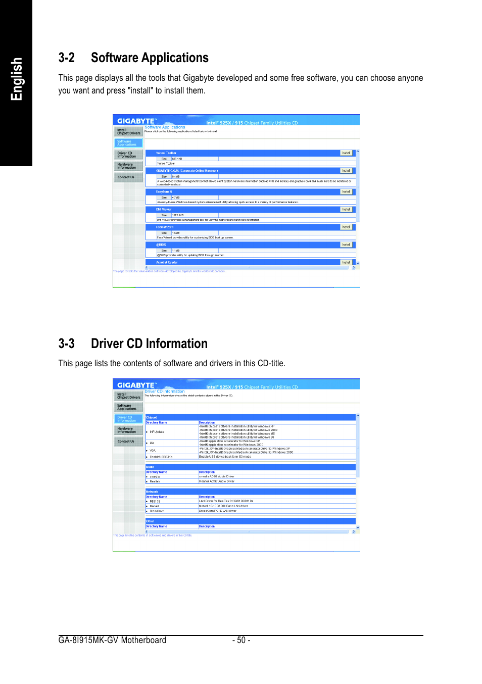 English, 2 software applications, 3 driver cd information | Intel GA-8I915MK-GV User Manual | Page 50 / 80