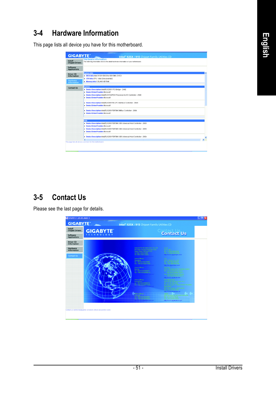 English, 4 hardware information, 5 contact us | Intel GA-8I915MK-GV User Manual | Page 51 / 80