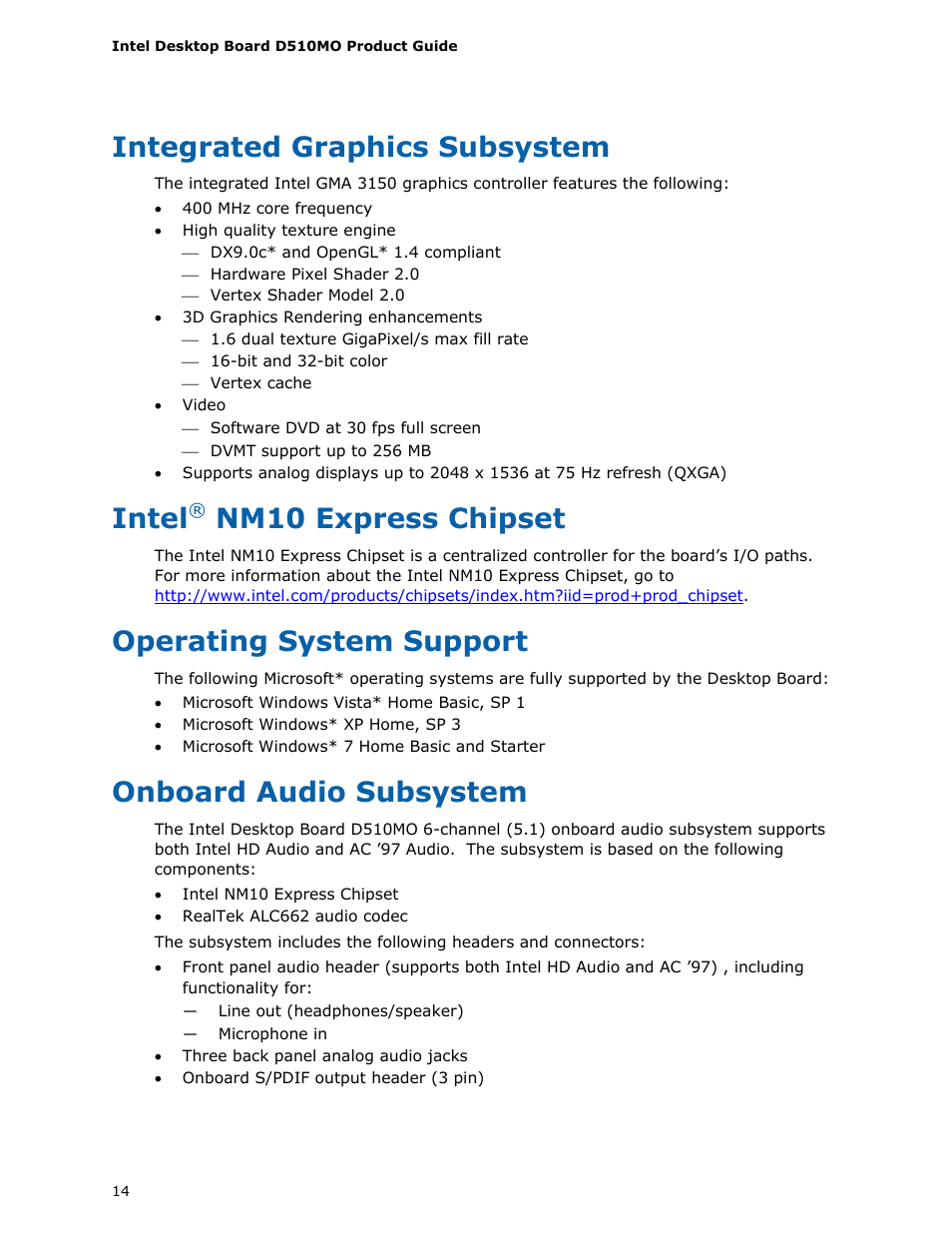 Integrated graphics subsystem, Intel® nm10 express chipset, Operating system support | Onboard audio subsystem, Intel, Nm10 express chipset | Intel D510MO User Manual | Page 14 / 66