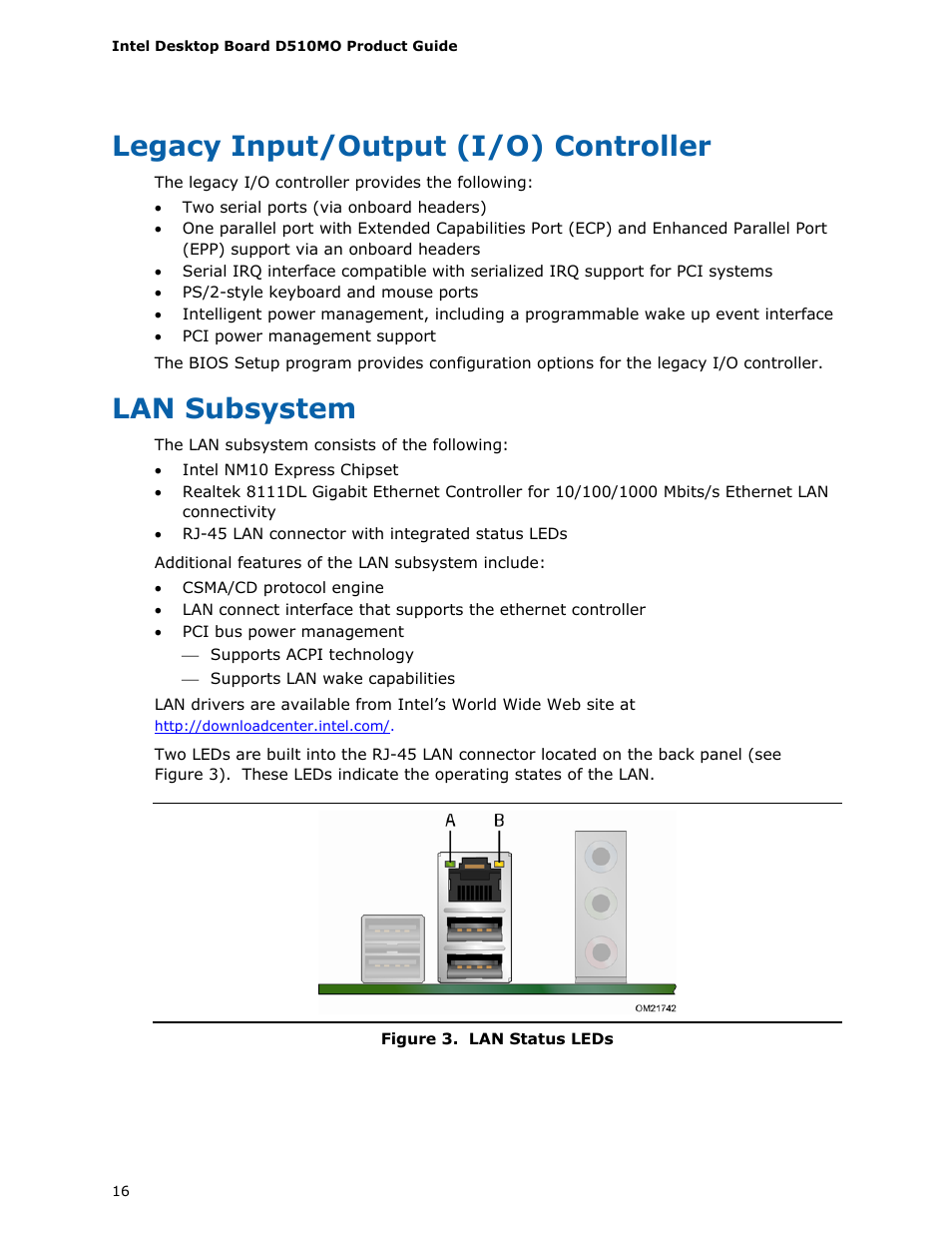 Legacy input/output (i/o) controller, Lan subsystem, Status | Leds | Intel D510MO User Manual | Page 16 / 66