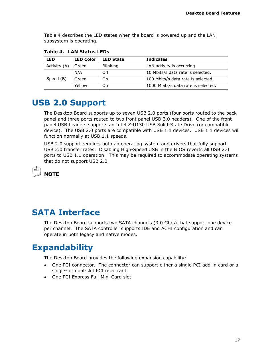 Usb 2.0 support, Sata interface, Expandability | Lan status leds | Intel D510MO User Manual | Page 17 / 66