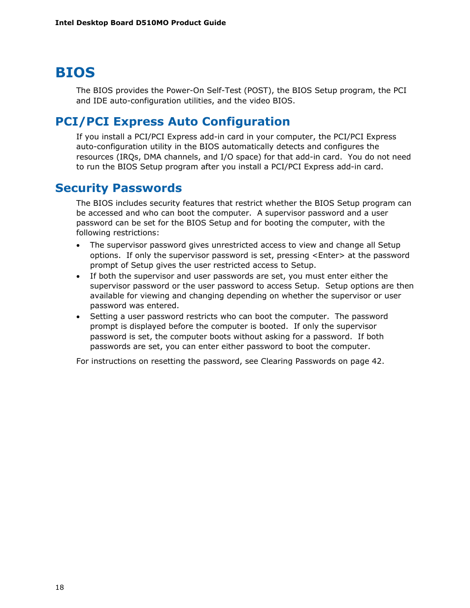 Bios, Pci/pci express auto configuration, Security passwords | Intel D510MO User Manual | Page 18 / 66