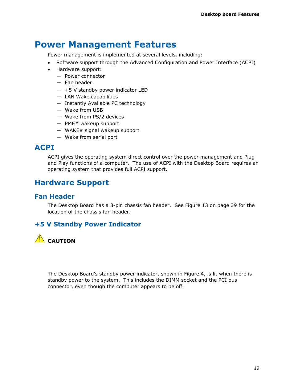 Power management features, Acpi, Hardware support | Intel D510MO User Manual | Page 19 / 66