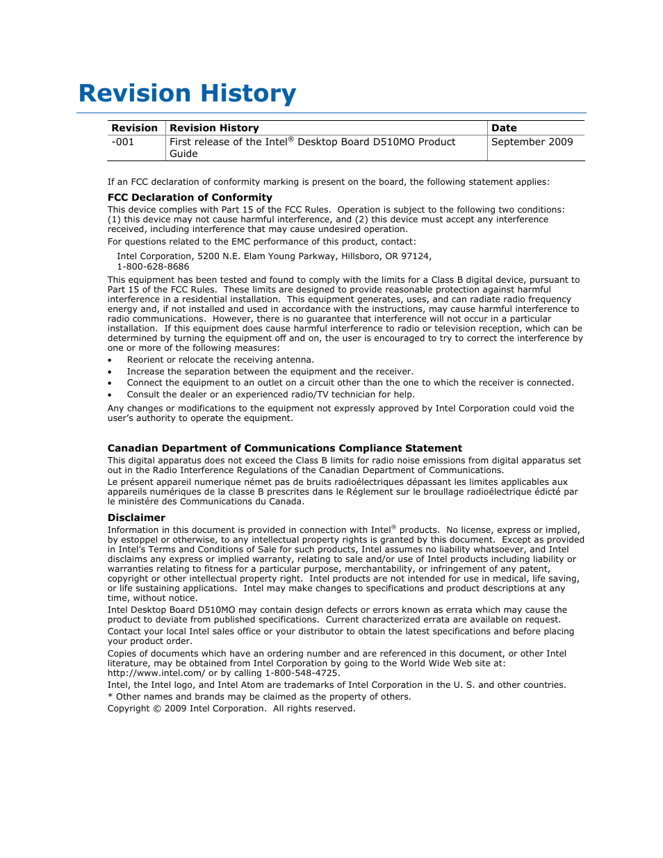 Revision history | Intel D510MO User Manual | Page 2 / 66