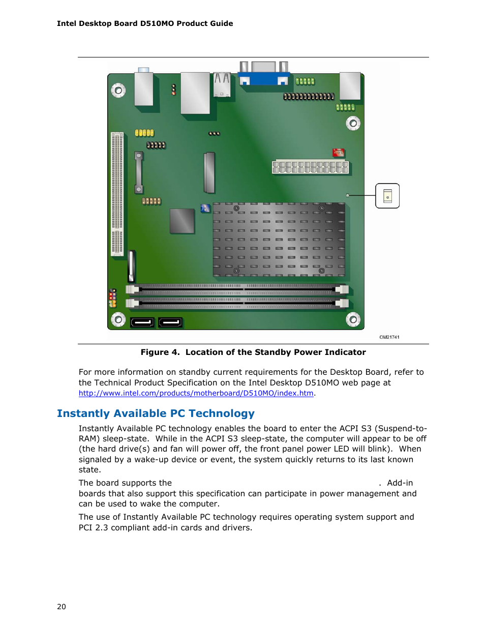 Location of the standby power indicator, Instantly available pc technology | Intel D510MO User Manual | Page 20 / 66