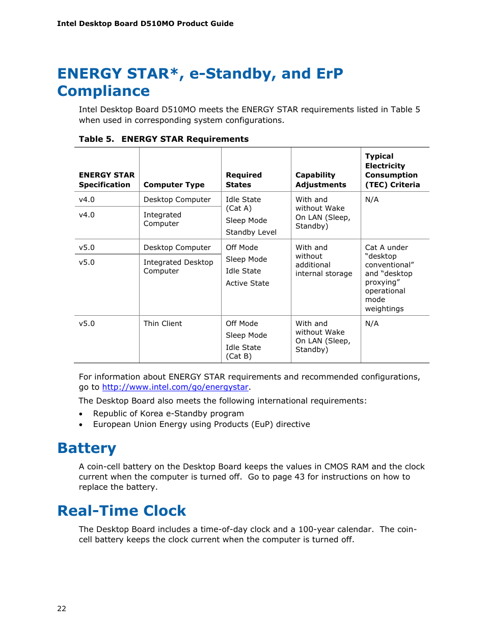 Energy star*, e-standby, and erp compliance, Battery, Real-time clock | Energy star requirements | Intel D510MO User Manual | Page 22 / 66