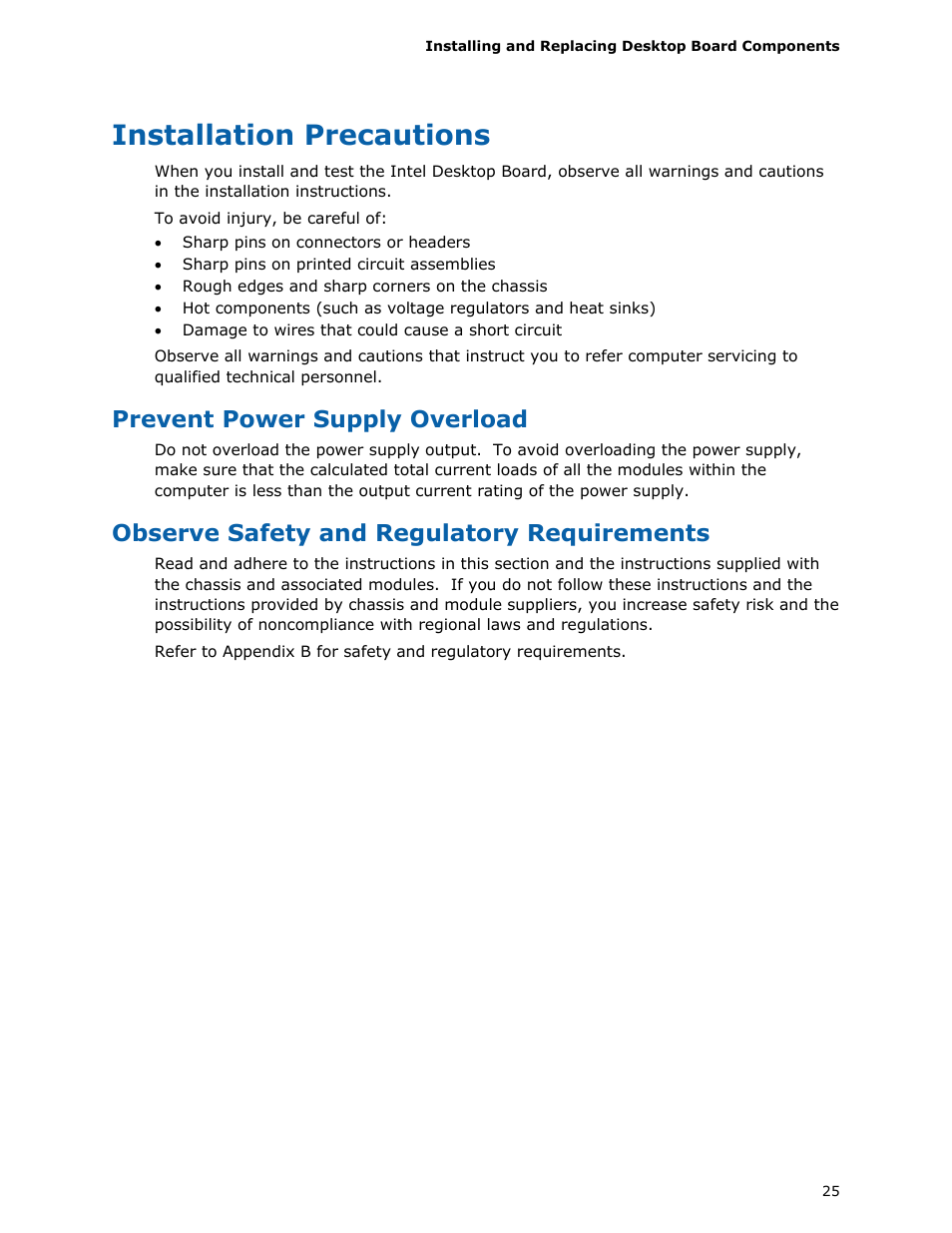 Installation precautions, Prevent power supply overload, Observe safety and regulatory requirements | Intel D510MO User Manual | Page 25 / 66