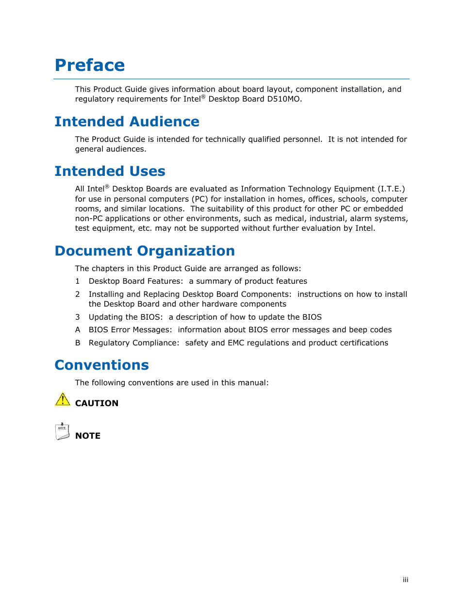 Preface, Intended audience, Intended uses | Document organization, Conventions | Intel D510MO User Manual | Page 3 / 66