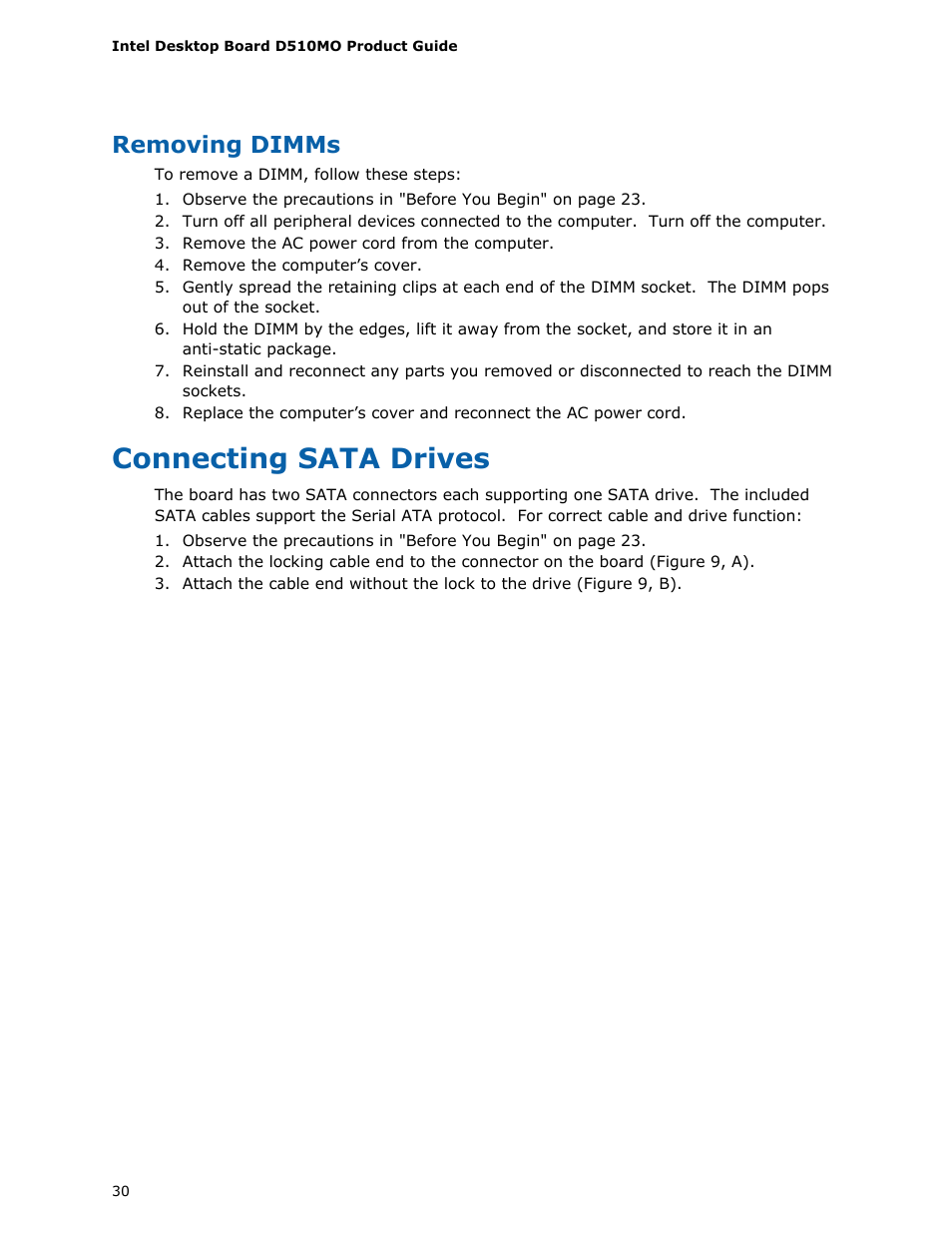 Removing dimms, Connecting sata drives | Intel D510MO User Manual | Page 30 / 66