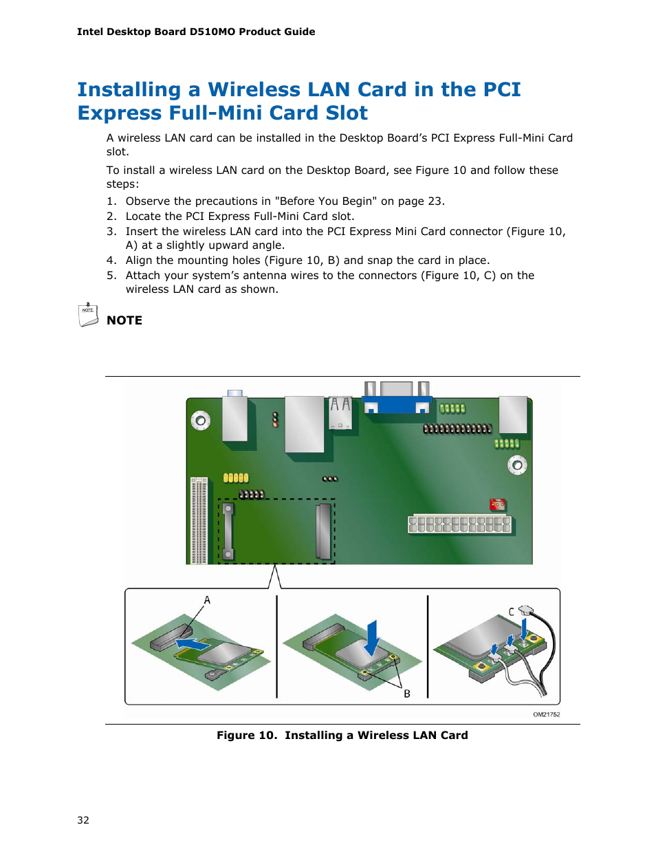 Installing a wireless lan card | Intel D510MO User Manual | Page 32 / 66