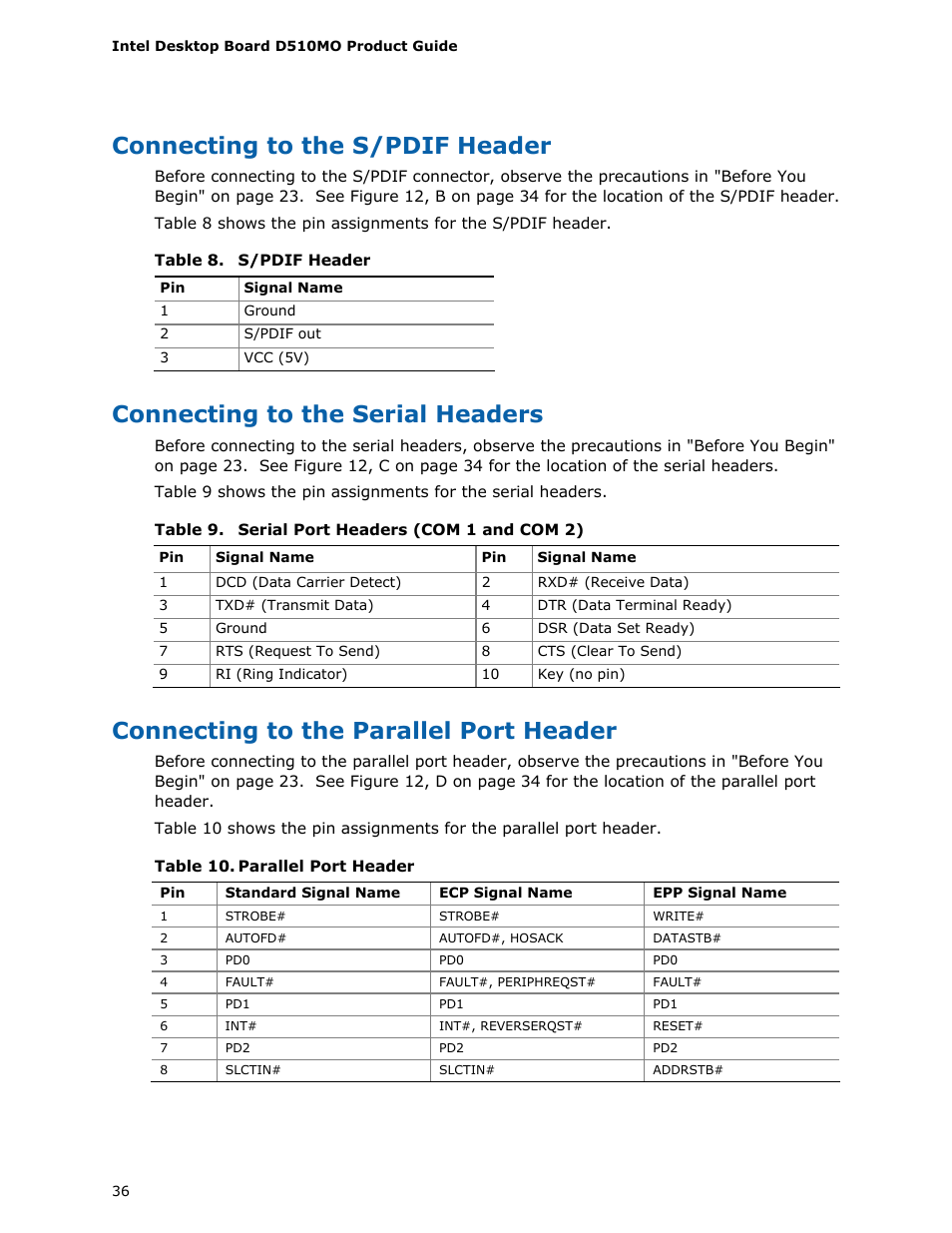 Connecting to the s/pdif header, Connecting to the serial headers, Connecting to the parallel port header | S/pdif header, Serial port headers (com 1 and com 2), Parallel port header | Intel D510MO User Manual | Page 36 / 66