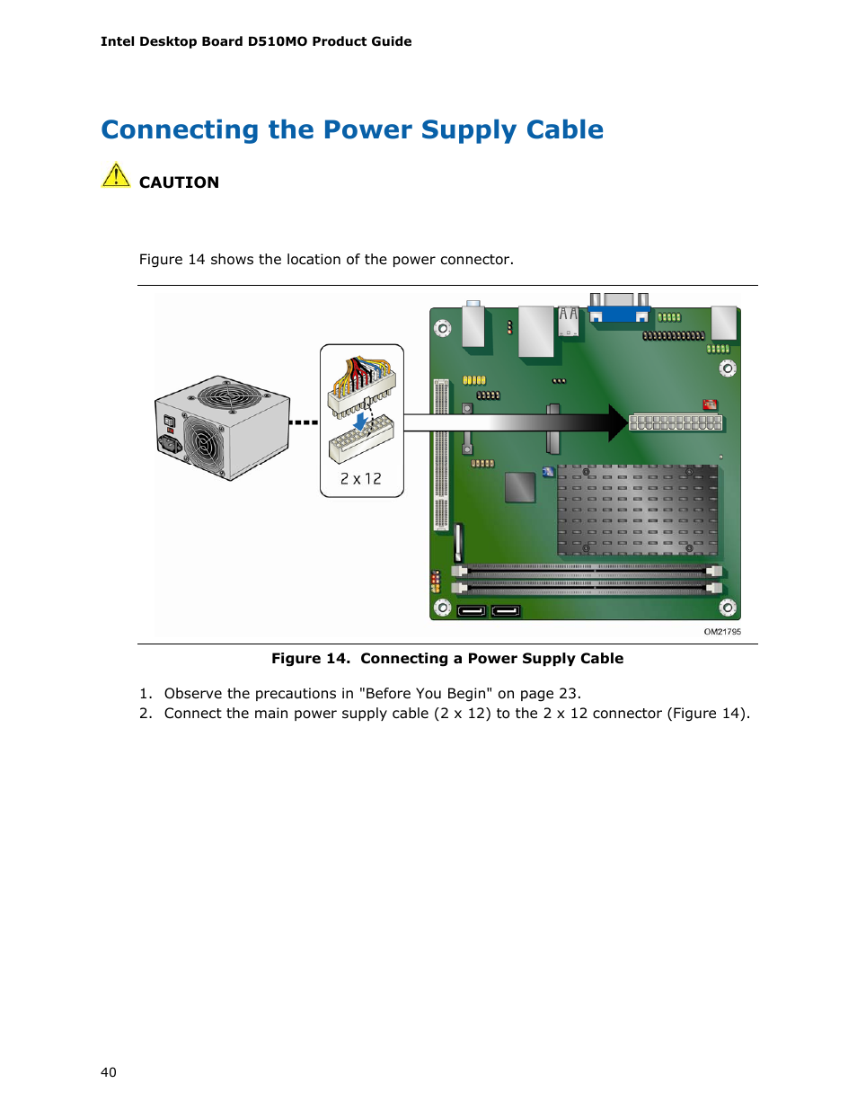 Connecting the power supply cable, Connecting a power supply cable | Intel D510MO User Manual | Page 40 / 66