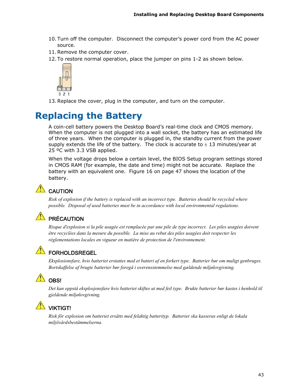 Replacing the battery | Intel D510MO User Manual | Page 43 / 66