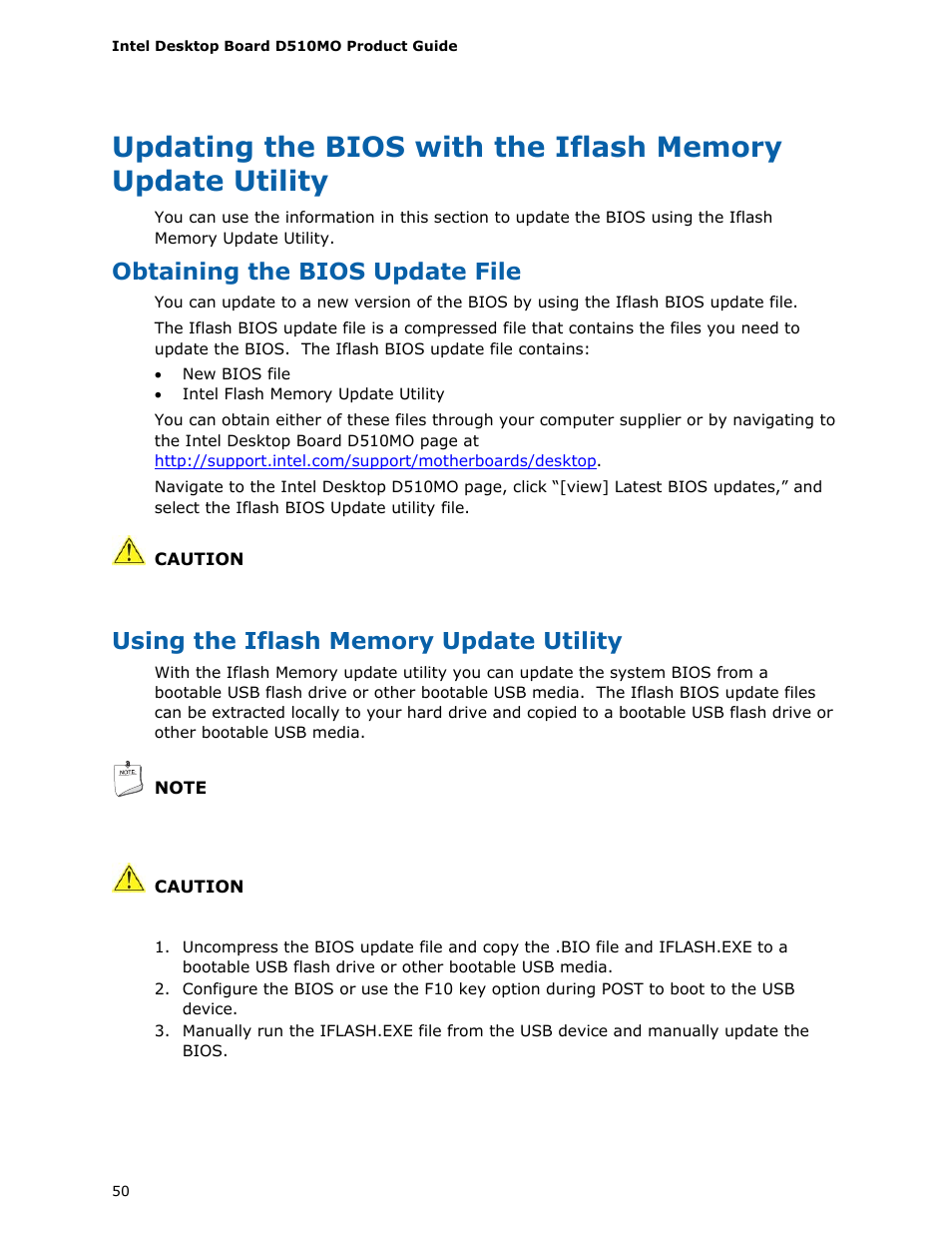 Obtaining the bios update file, Using the iflash memory update utility | Intel D510MO User Manual | Page 50 / 66