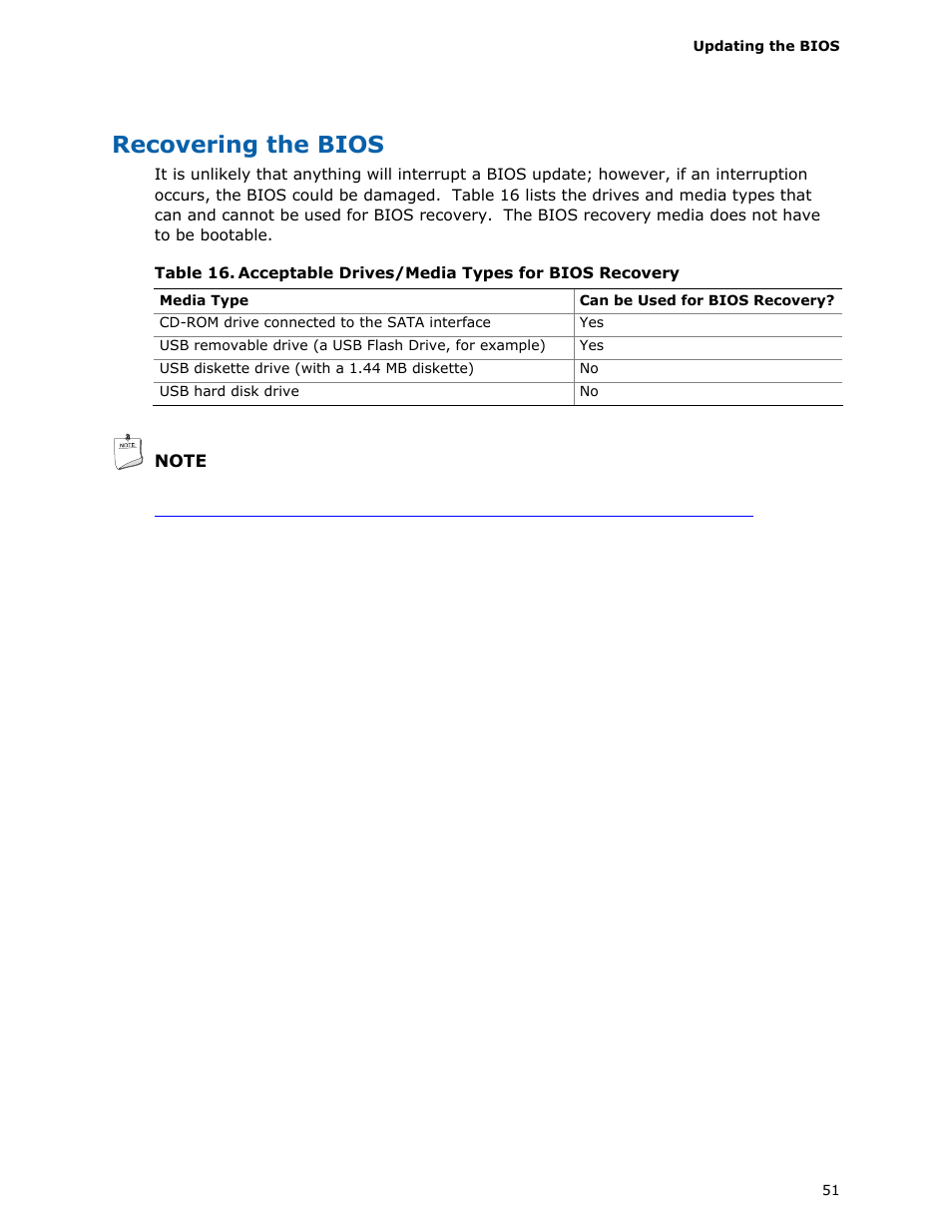 Recovering the bios, Acceptabledrives/media types for bios recovery | Intel D510MO User Manual | Page 51 / 66