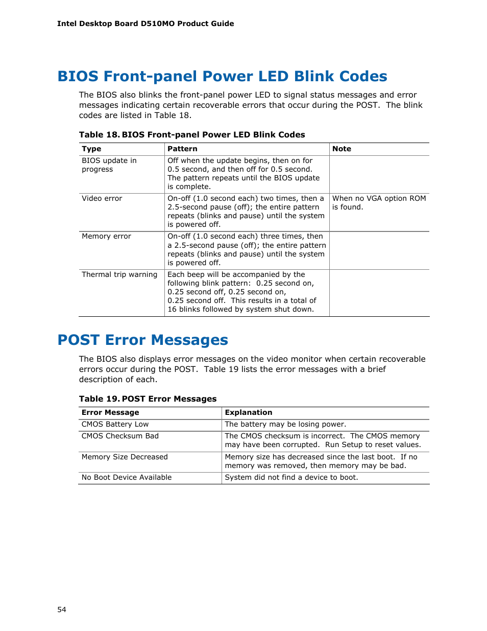 Bios front-panel power led blink codes, Post error messages | Intel D510MO User Manual | Page 54 / 66