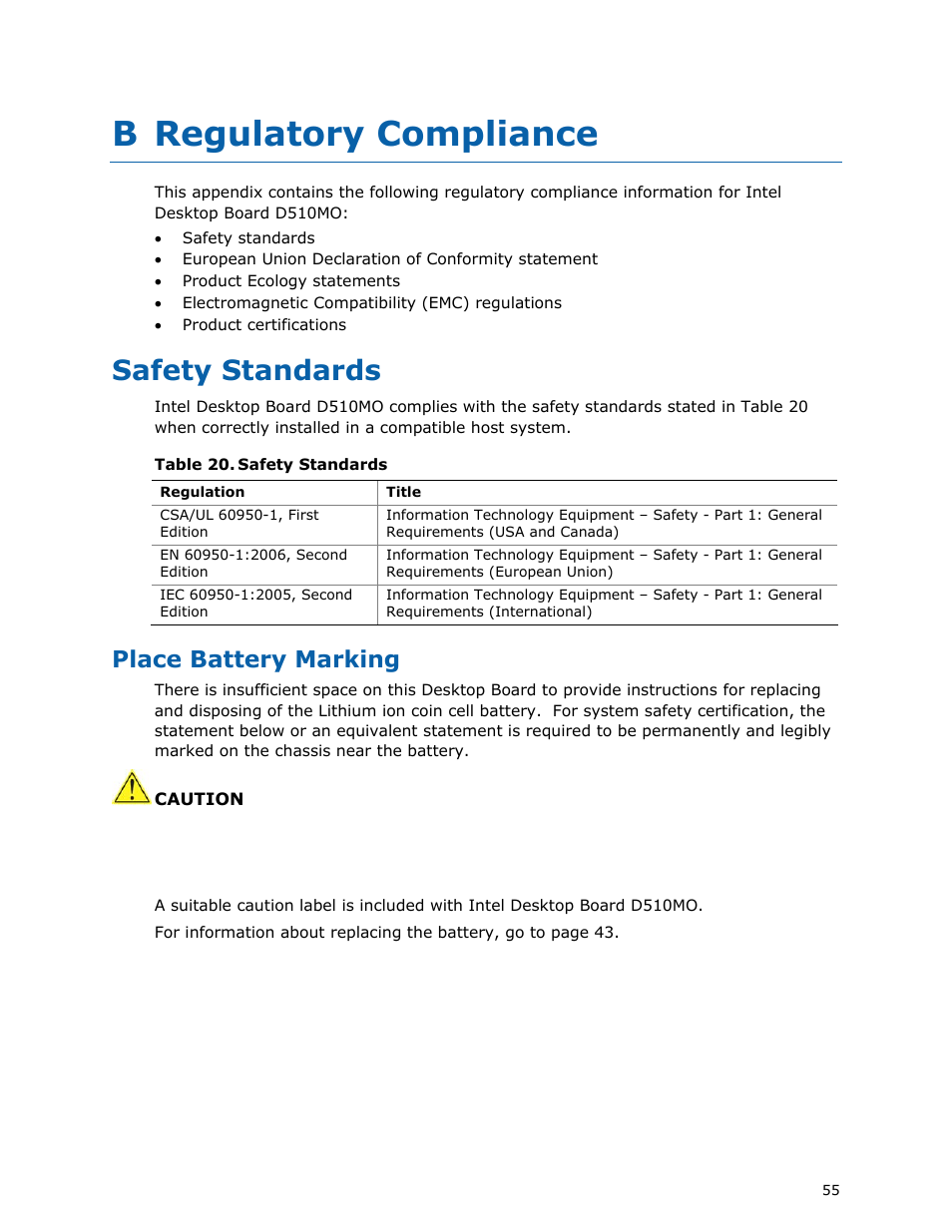 B regulatory compliance, Safety standards, Place battery marking | Intel D510MO User Manual | Page 55 / 66