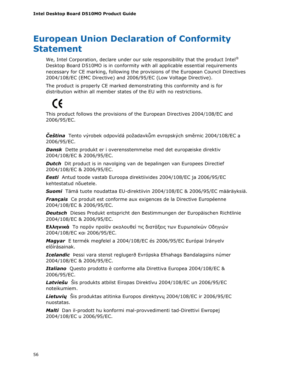 European union declaration of conformity statement | Intel D510MO User Manual | Page 56 / 66