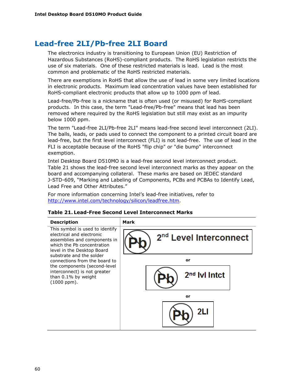 Lead-free 2li/pb-free 2li board, Lead-free second level interconnect marks | Intel D510MO User Manual | Page 60 / 66