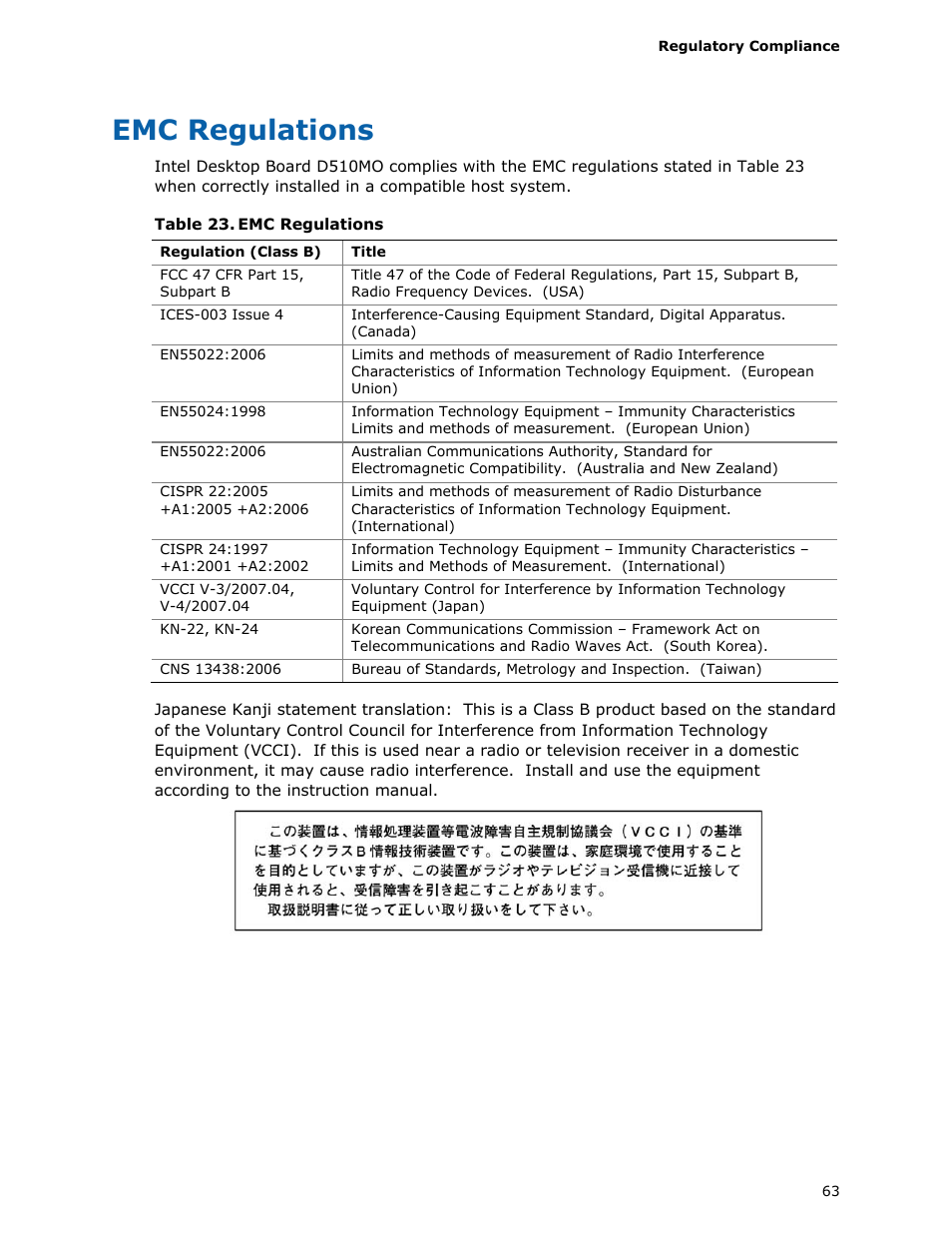 Emc regulations | Intel D510MO User Manual | Page 63 / 66