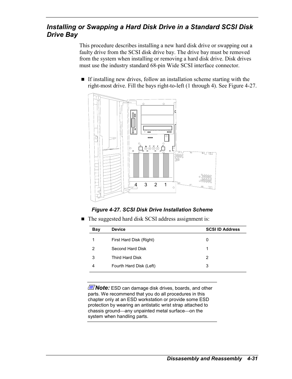 The suggested hard disk scsi address assignment is, Dissasembly and reassembly 4-31, Figure 4-27. scsi disk drive installation scheme | Intel Express 5800/120Ld User Manual | Page 103 / 194