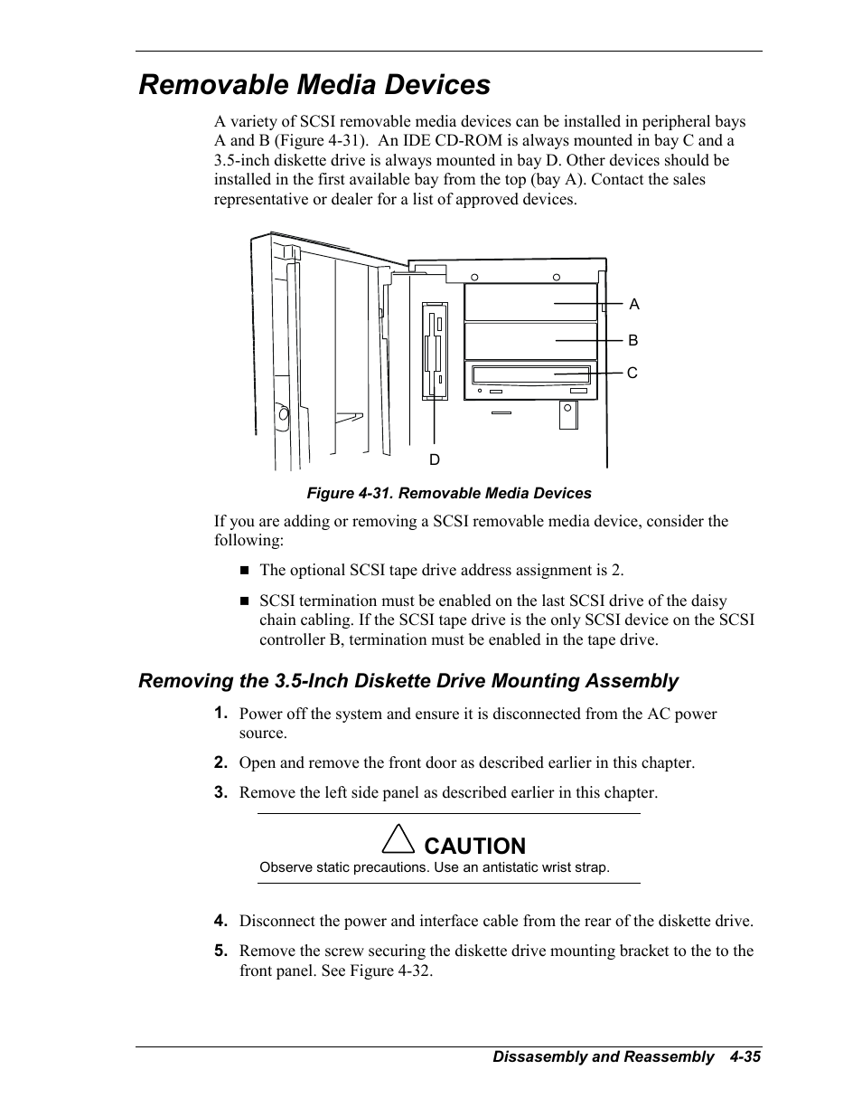 Removable media devices, Caution | Intel Express 5800/120Ld User Manual | Page 107 / 194