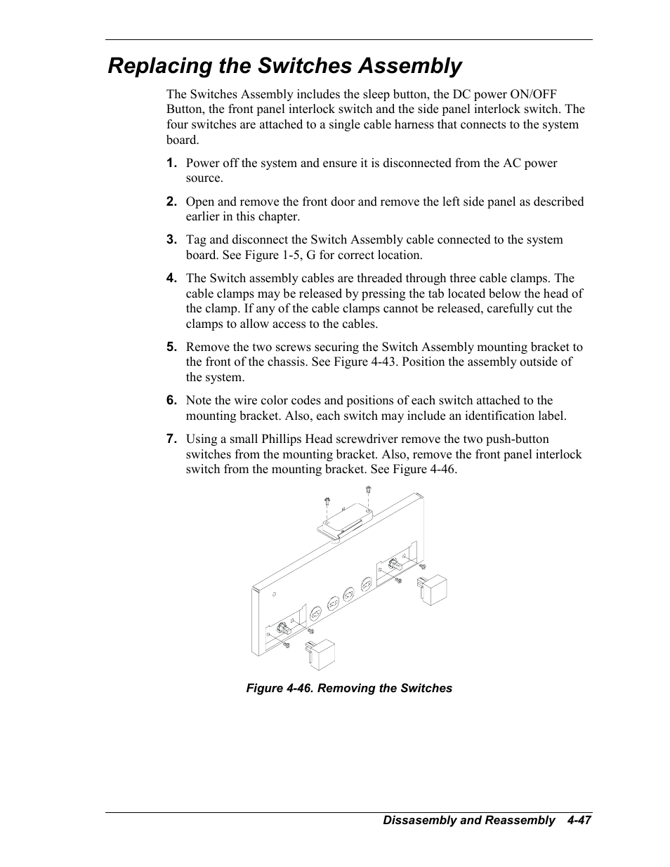 Replacing the switches assembly | Intel Express 5800/120Ld User Manual | Page 119 / 194