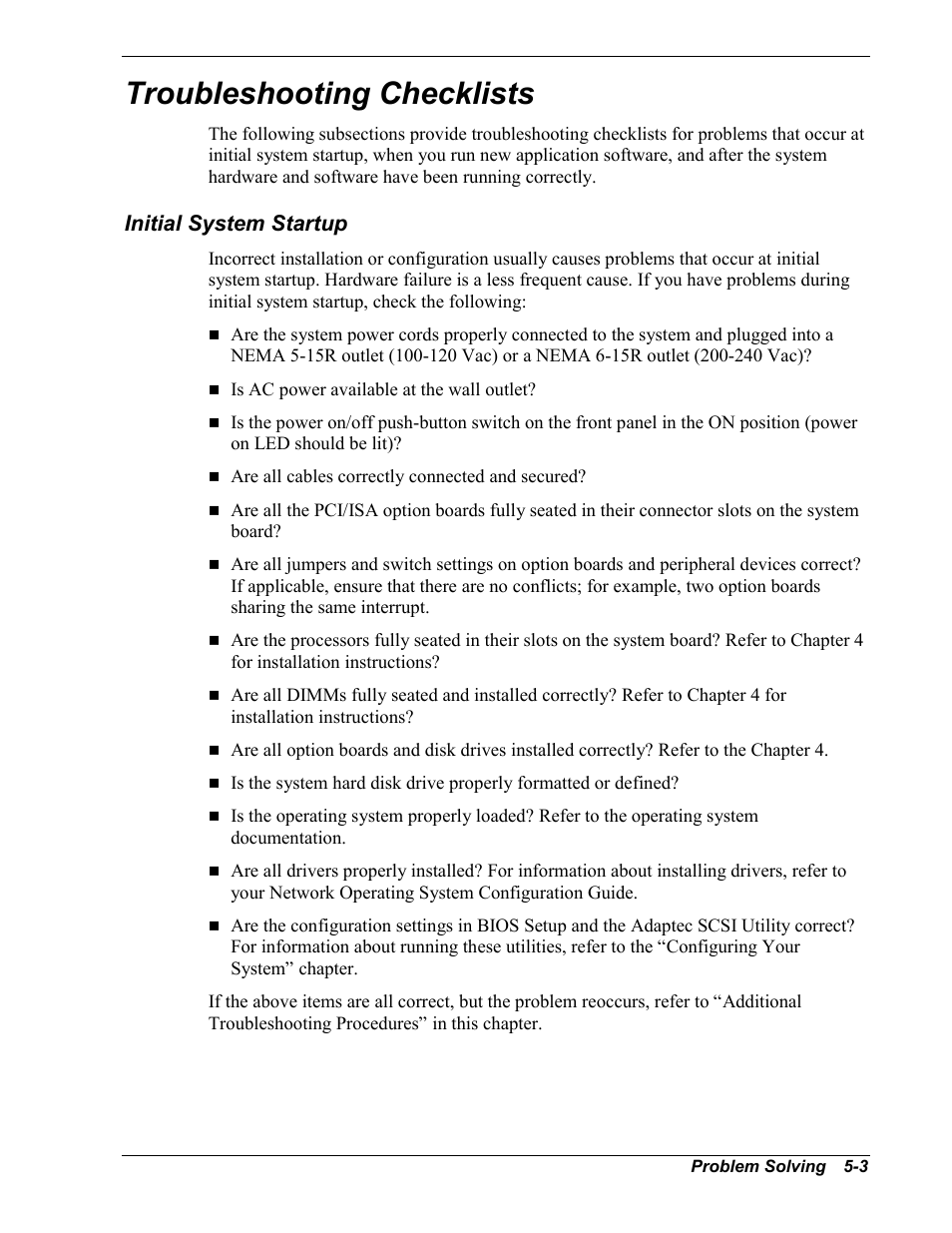 Troubleshooting checklists, Initial system startup | Intel Express 5800/120Ld User Manual | Page 125 / 194