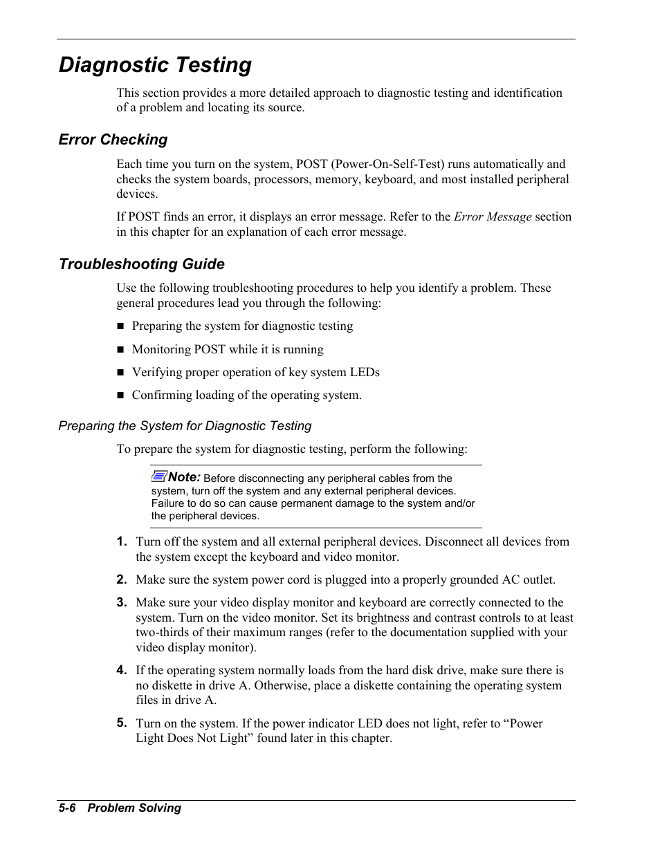 Diagnostic testing, Error checking, Troubleshooting guide | Preparing the system for diagnostic testing | Intel Express 5800/120Ld User Manual | Page 128 / 194