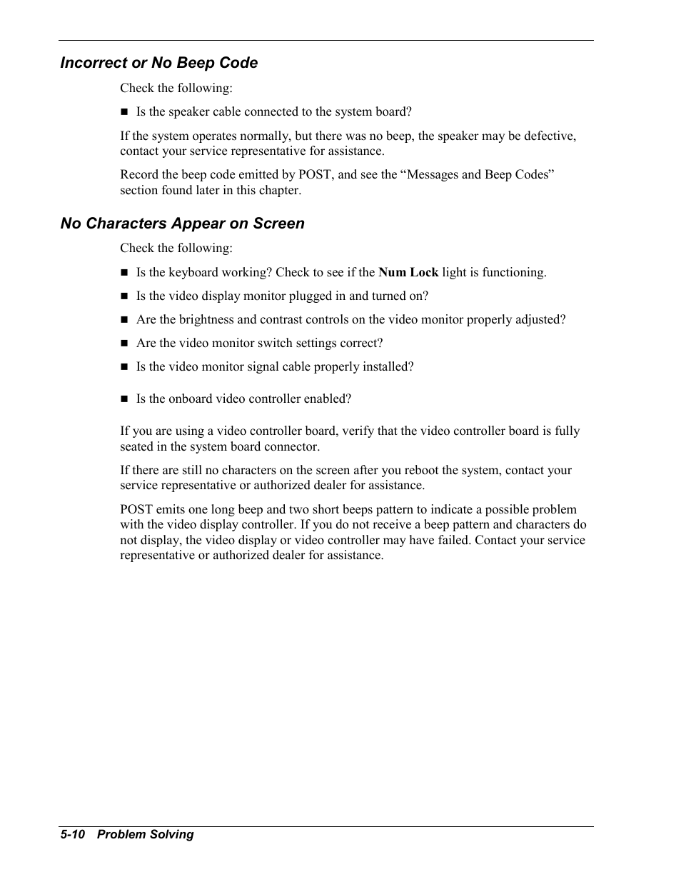 Incorrect or no beep code, No characters appear on screen | Intel Express 5800/120Ld User Manual | Page 132 / 194