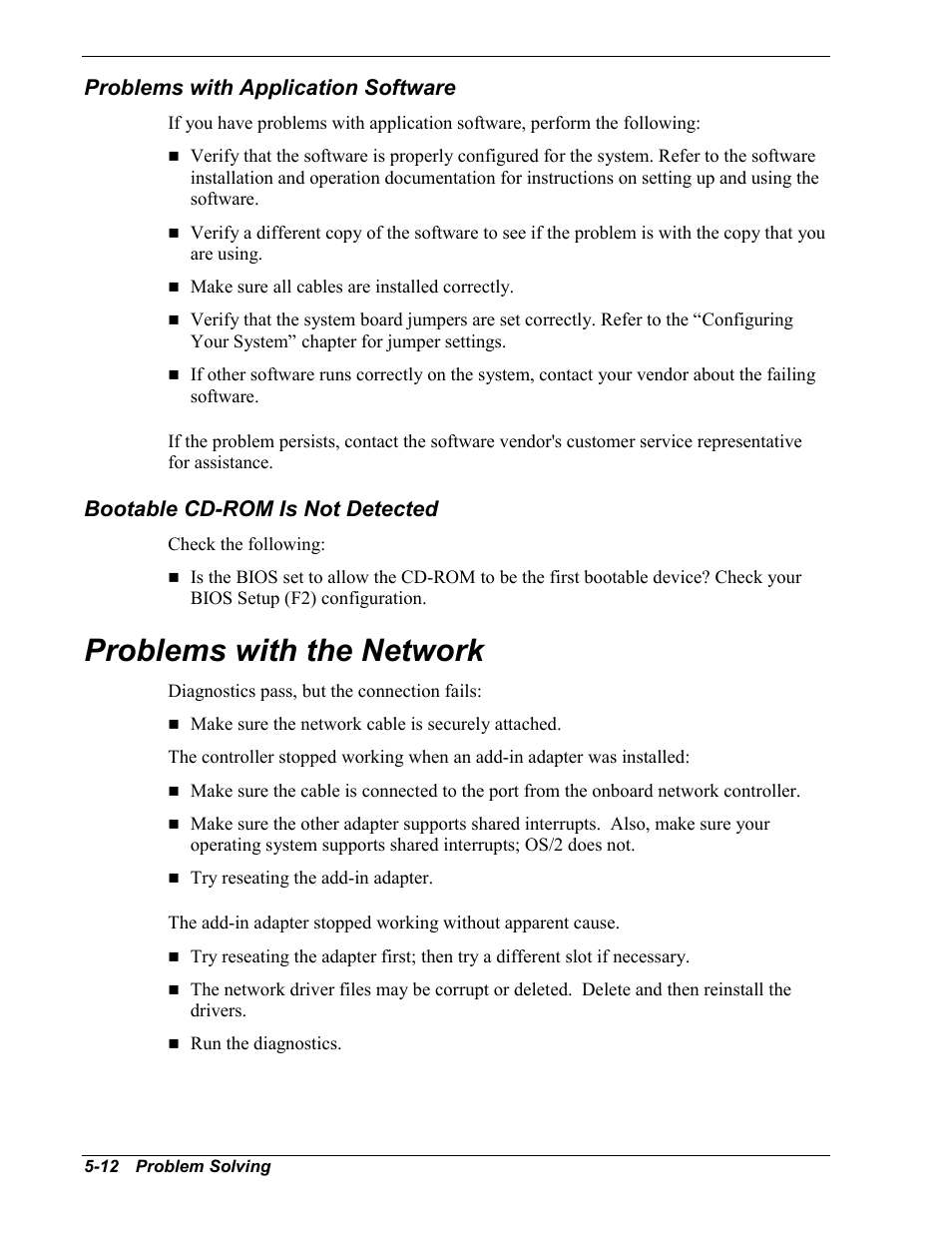 Problems with application software, Bootable cd-rom is not detected, Problems with the network | Intel Express 5800/120Ld User Manual | Page 134 / 194
