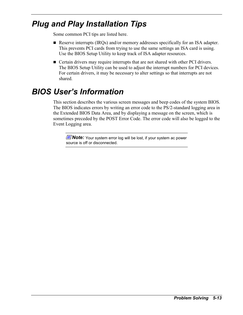 Plug and play installation tips, Bios user’s information | Intel Express 5800/120Ld User Manual | Page 135 / 194