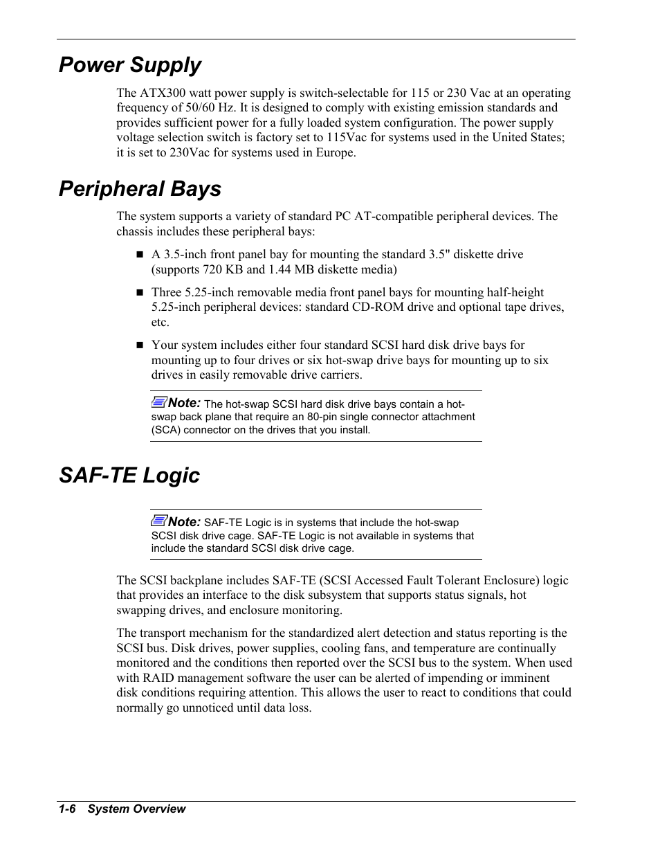 Power supply, Peripheral bays, Saf-te logic | Intel Express 5800/120Ld User Manual | Page 22 / 194
