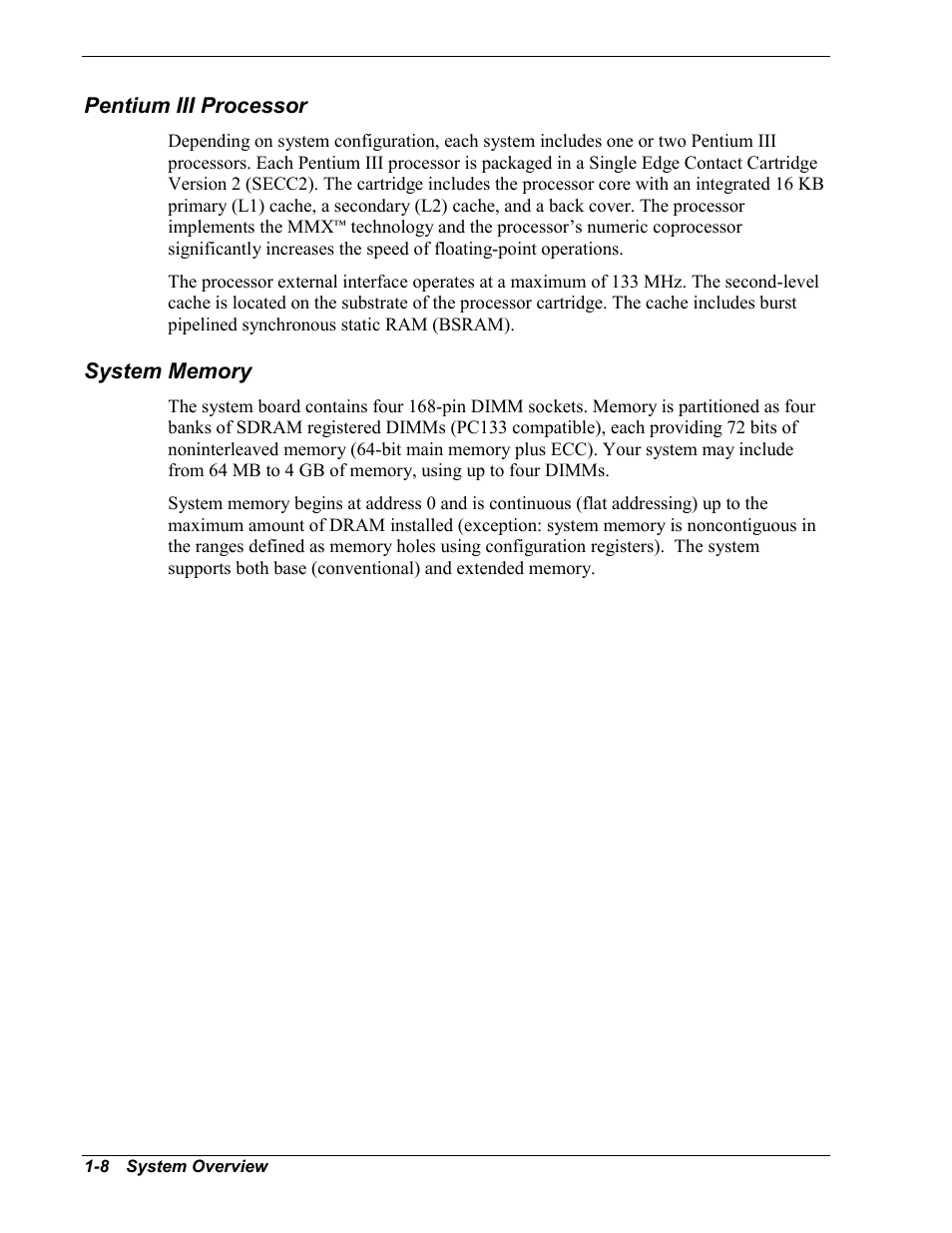 Pentium iii processor, System memory | Intel Express 5800/120Ld User Manual | Page 24 / 194