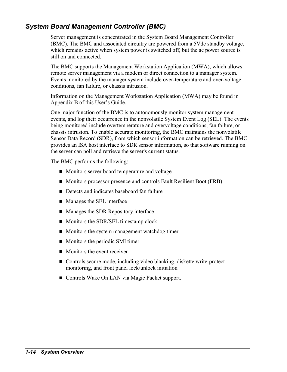 System board management controller (bmc) | Intel Express 5800/120Ld User Manual | Page 30 / 194