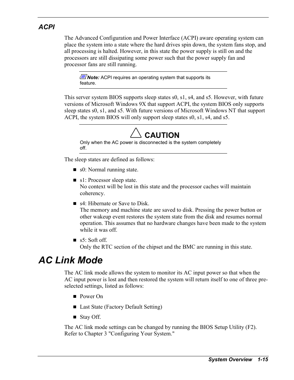 Acpi, Ac link mode, Caution | Intel Express 5800/120Ld User Manual | Page 31 / 194