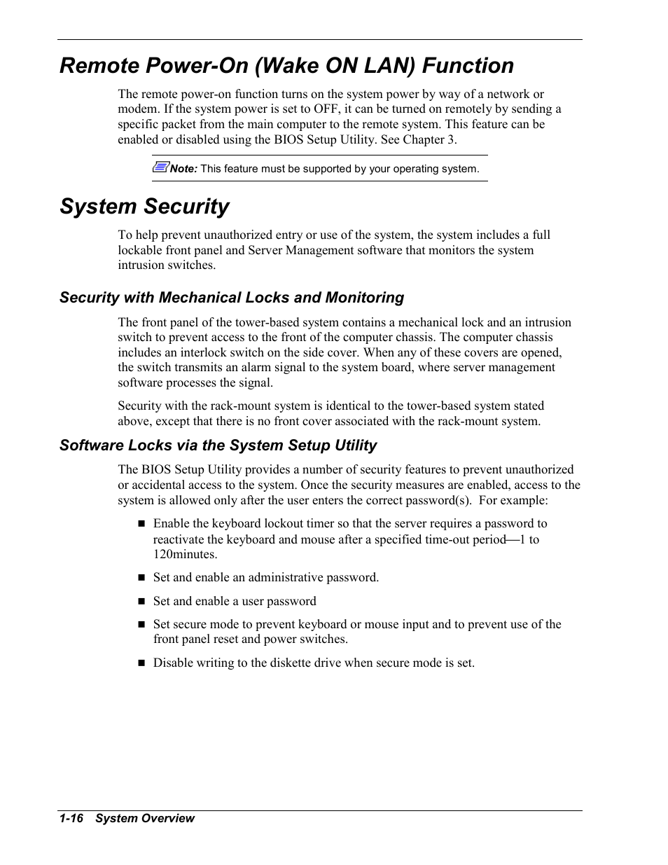 Remote power-on (wake on lan) function, System security, Security with mechanical locks and monitoring | Software locks via the system setup utility | Intel Express 5800/120Ld User Manual | Page 32 / 194