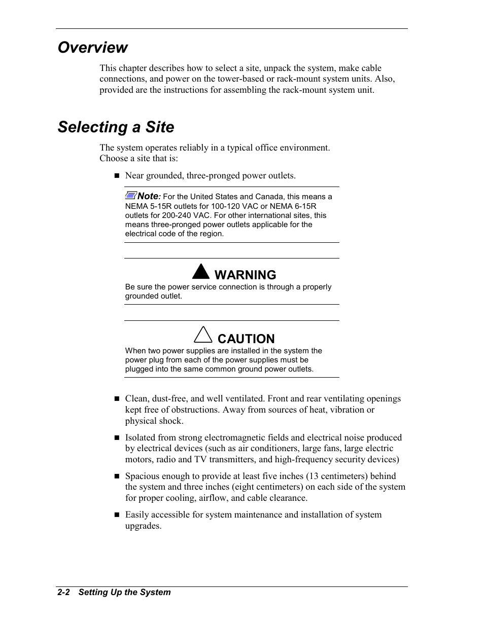 Overview, Selecting a site, Warning | Caution | Intel Express 5800/120Ld User Manual | Page 34 / 194