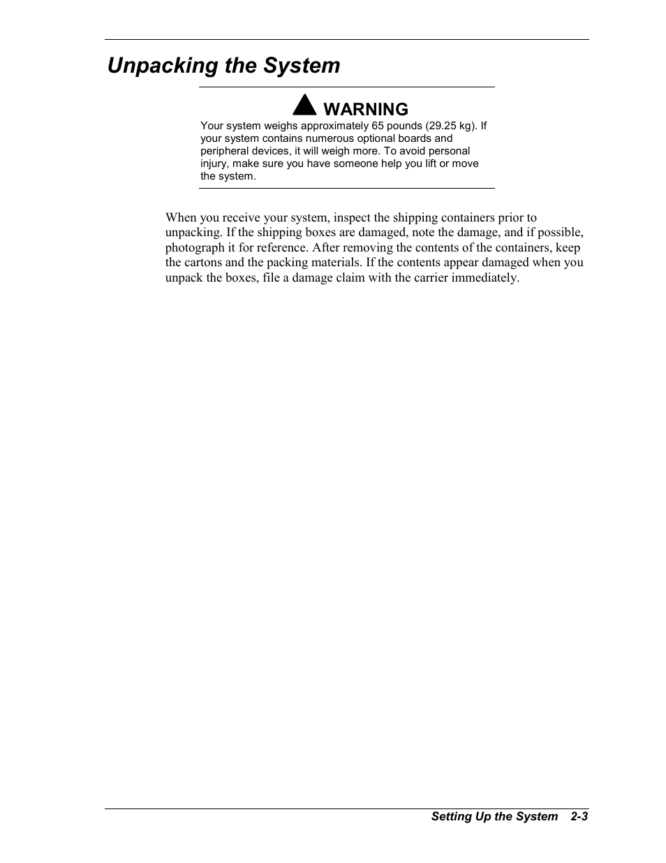 Unpacking the system | Intel Express 5800/120Ld User Manual | Page 35 / 194