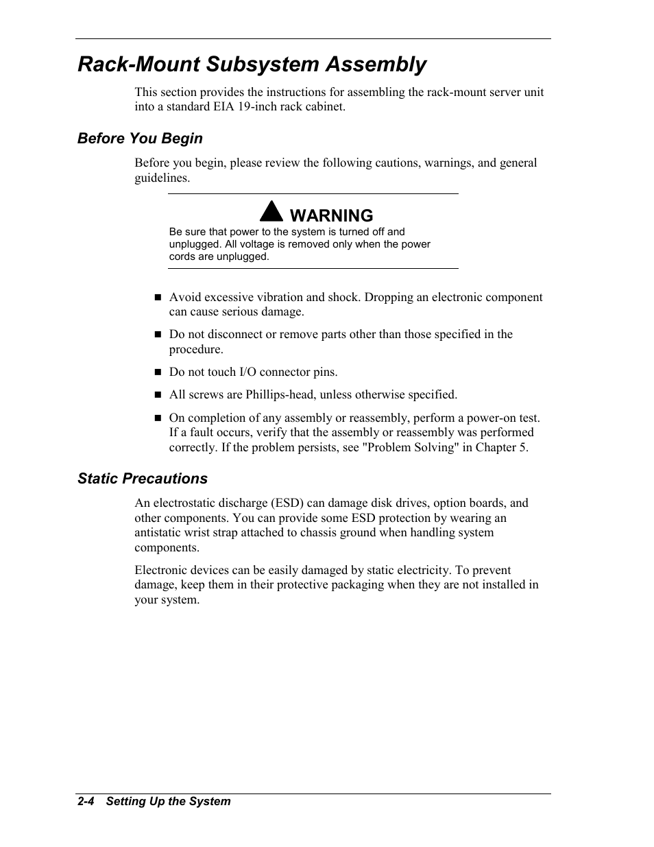 Rack-mount subsystem assembly, Before you begin, Static precautions | Warning | Intel Express 5800/120Ld User Manual | Page 36 / 194