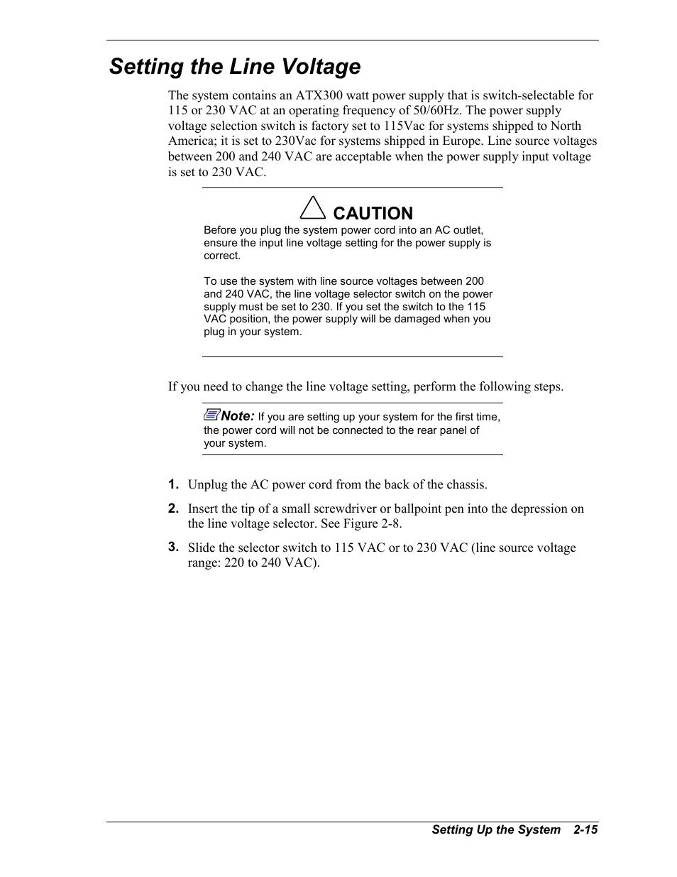 Setting the line voltage, Caution | Intel Express 5800/120Ld User Manual | Page 47 / 194