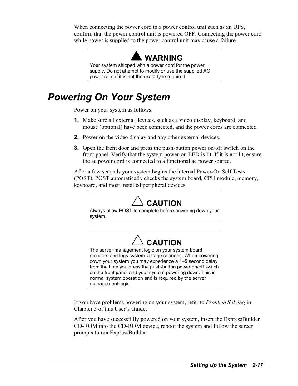 Powering on your system, Warning, Caution | Intel Express 5800/120Ld User Manual | Page 49 / 194
