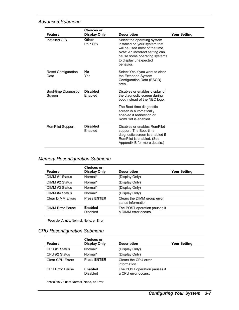 Advanced submenu, Memory reconfiguration submenu, Cpu reconfiguration | Cpu reconfiguration submenu | Intel Express 5800/120Ld User Manual | Page 57 / 194