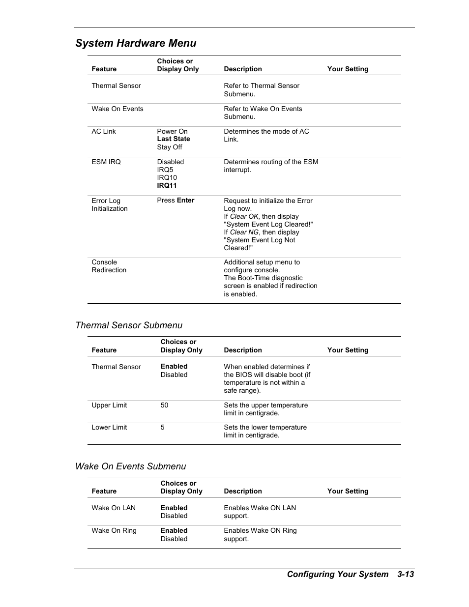 System hardware menu, Thermal sensor submenu, Wake on events submenu | Intel Express 5800/120Ld User Manual | Page 63 / 194