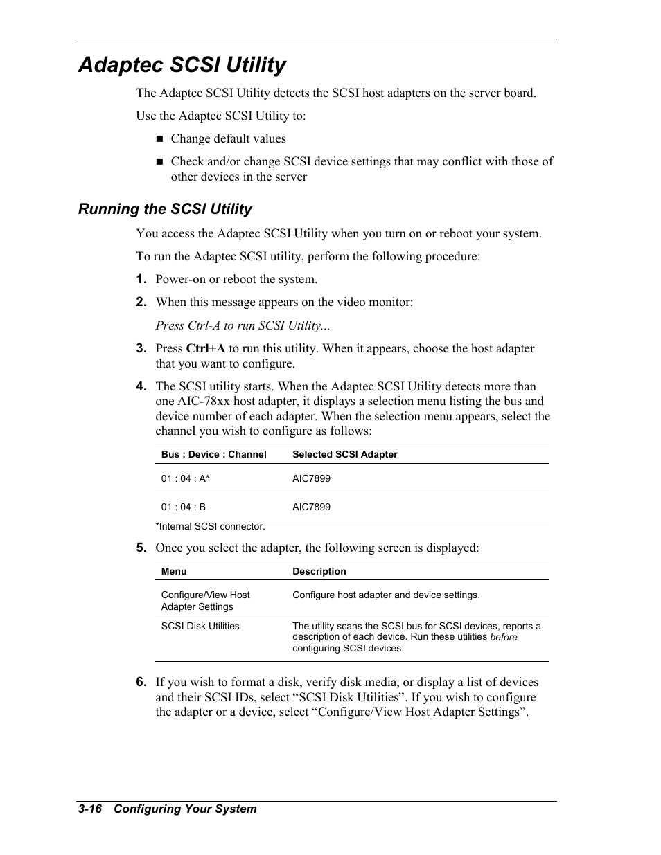 Adaptec scsi utility, Running the scsi utility | Intel Express 5800/120Ld User Manual | Page 66 / 194