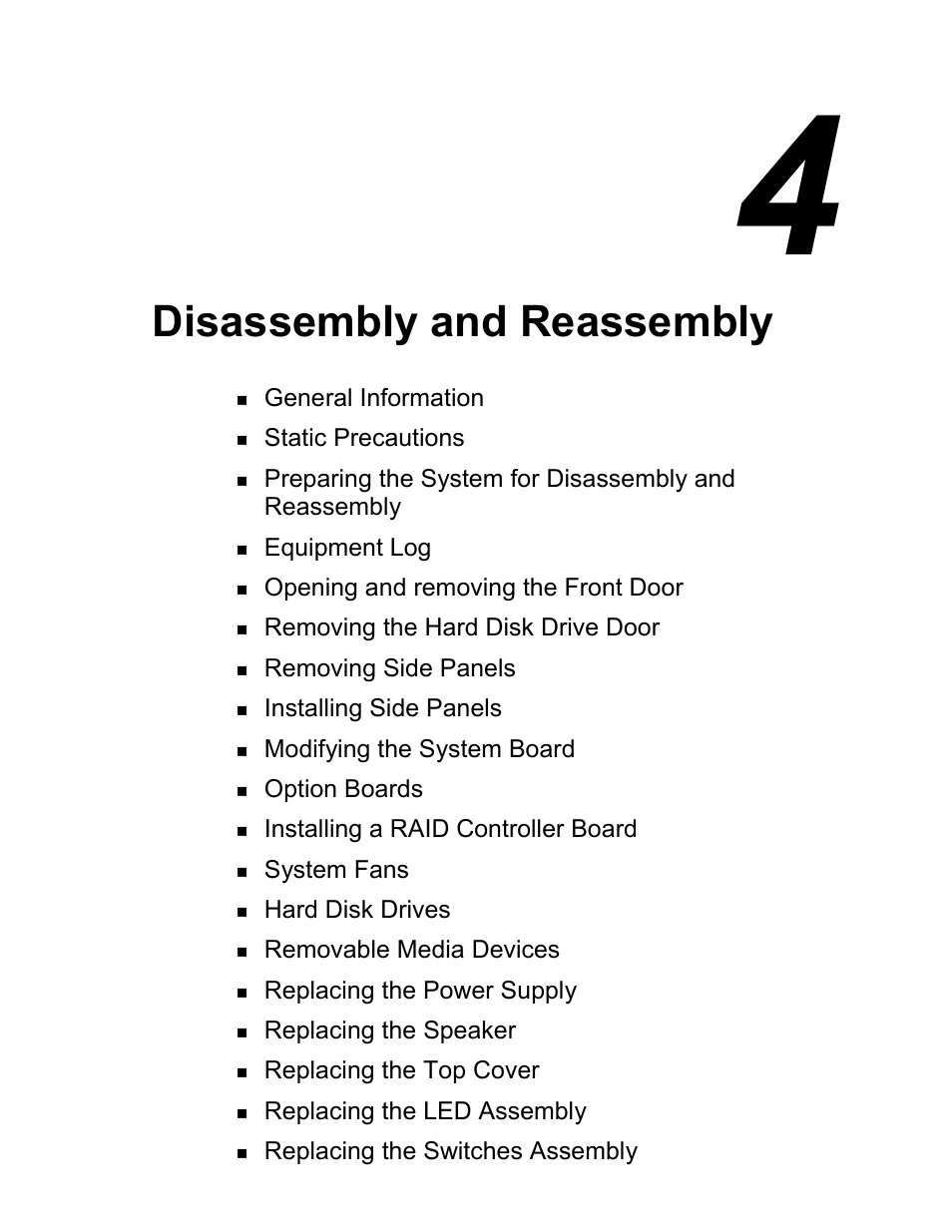 Chapter 4 disassembly and reassembly, Disassembly and reassembly | Intel Express 5800/120Ld User Manual | Page 73 / 194