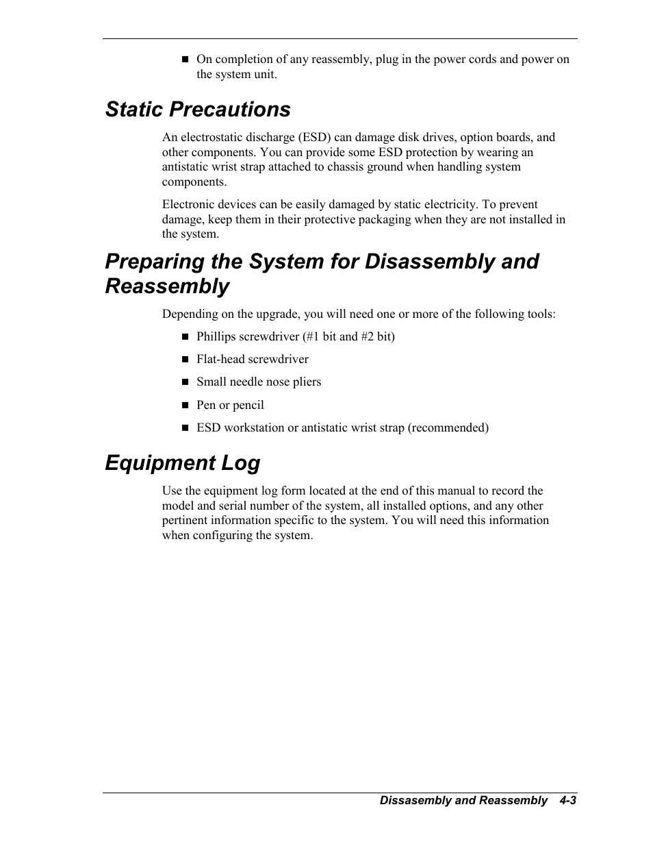 Static precautions, Equipment log | Intel Express 5800/120Ld User Manual | Page 75 / 194