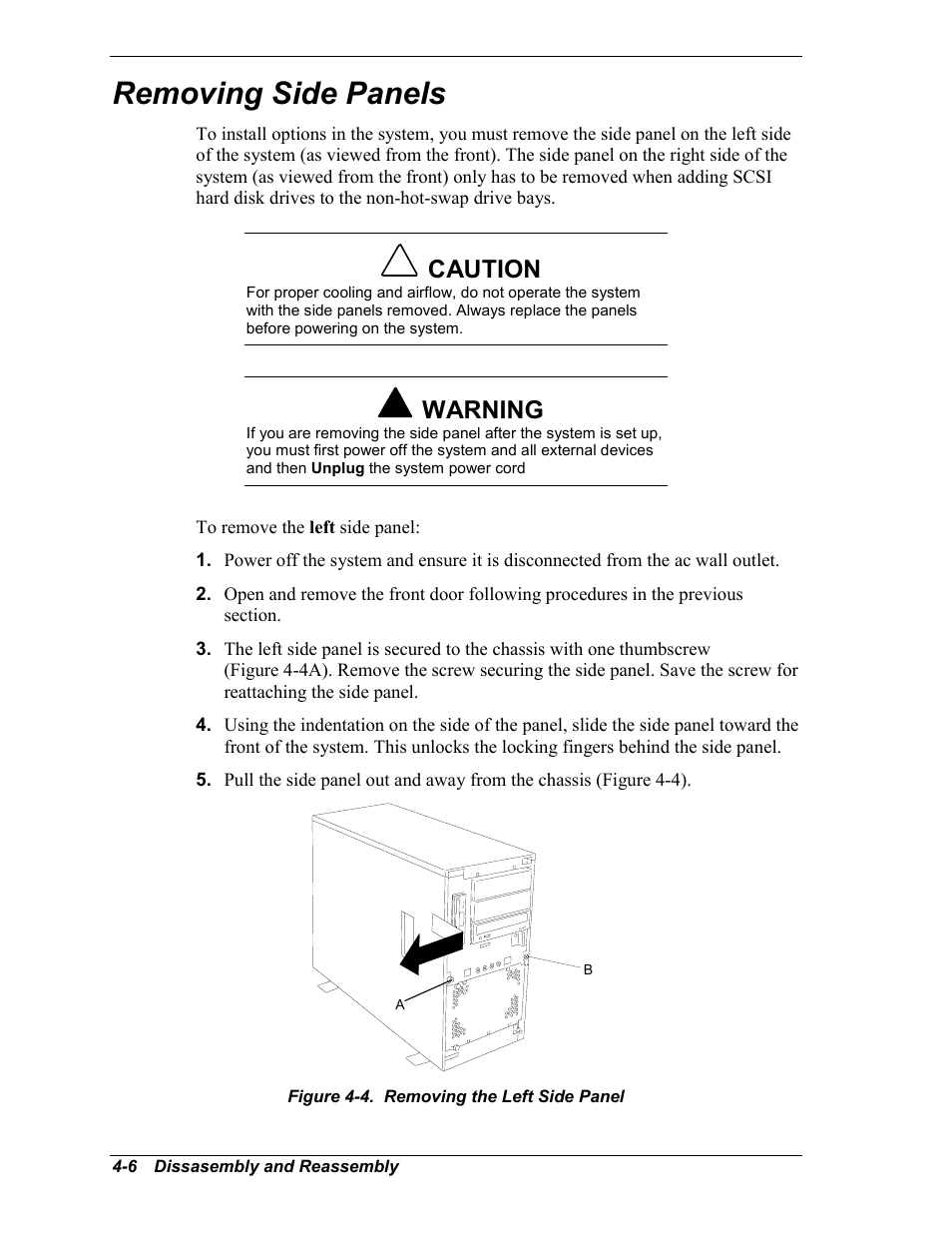 Removing side panels, Caution, Warning | Intel Express 5800/120Ld User Manual | Page 78 / 194