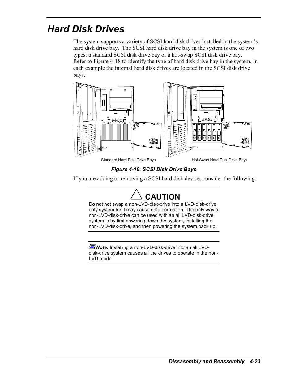 Replacing the scsi hard disk drive bay fan, Hard disk drives, Caution | Dissasembly and reassembly 4-23, Figure 4-18. scsi disk drive bays | Intel Express 5800/120Ld User Manual | Page 95 / 194